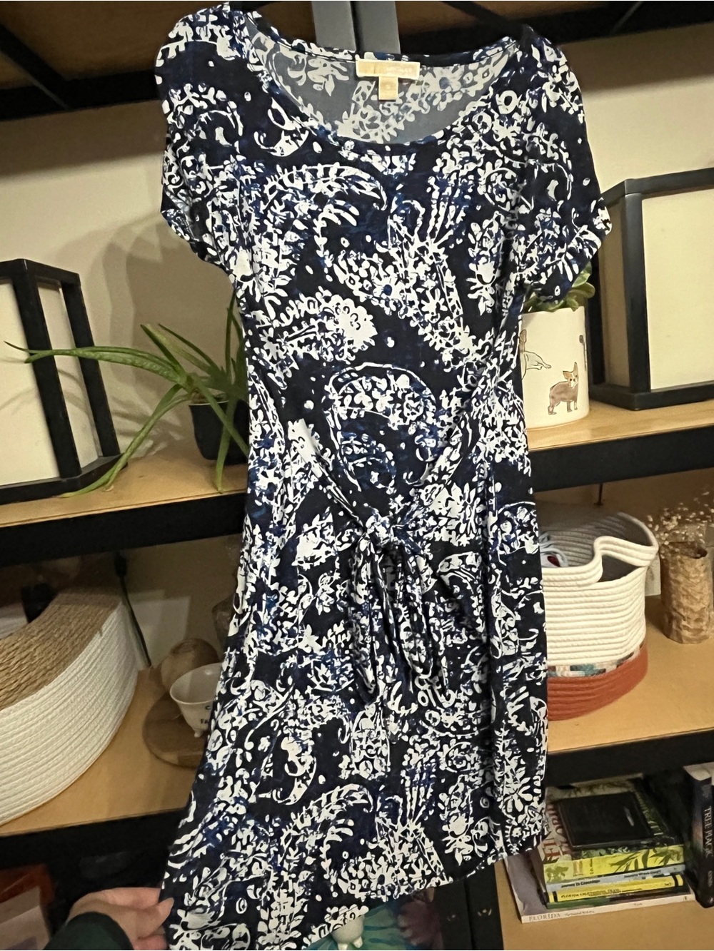 Michael Kors Navy and White Floral Tie-Waist Dress